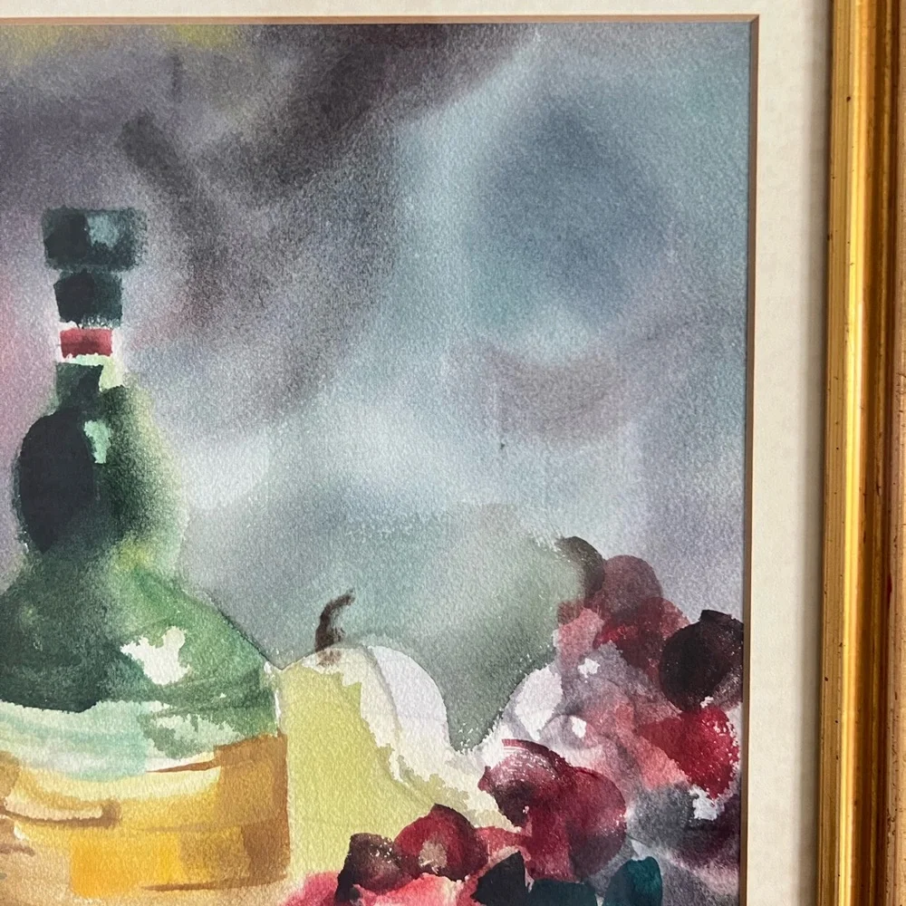 Watercolor Painting Still Life Signed Fruits Wine Realism Framed Vintage 11"x17" - Picture 4 of 8
